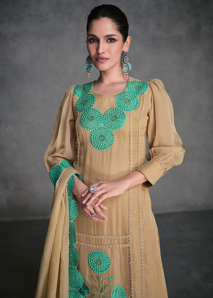 Buy Now Pure Organza Beige Designer Pant Style Salwar Suit Online in USA, UK, Canada, Germany, Australia & Worldwide at Empress Clothing. 