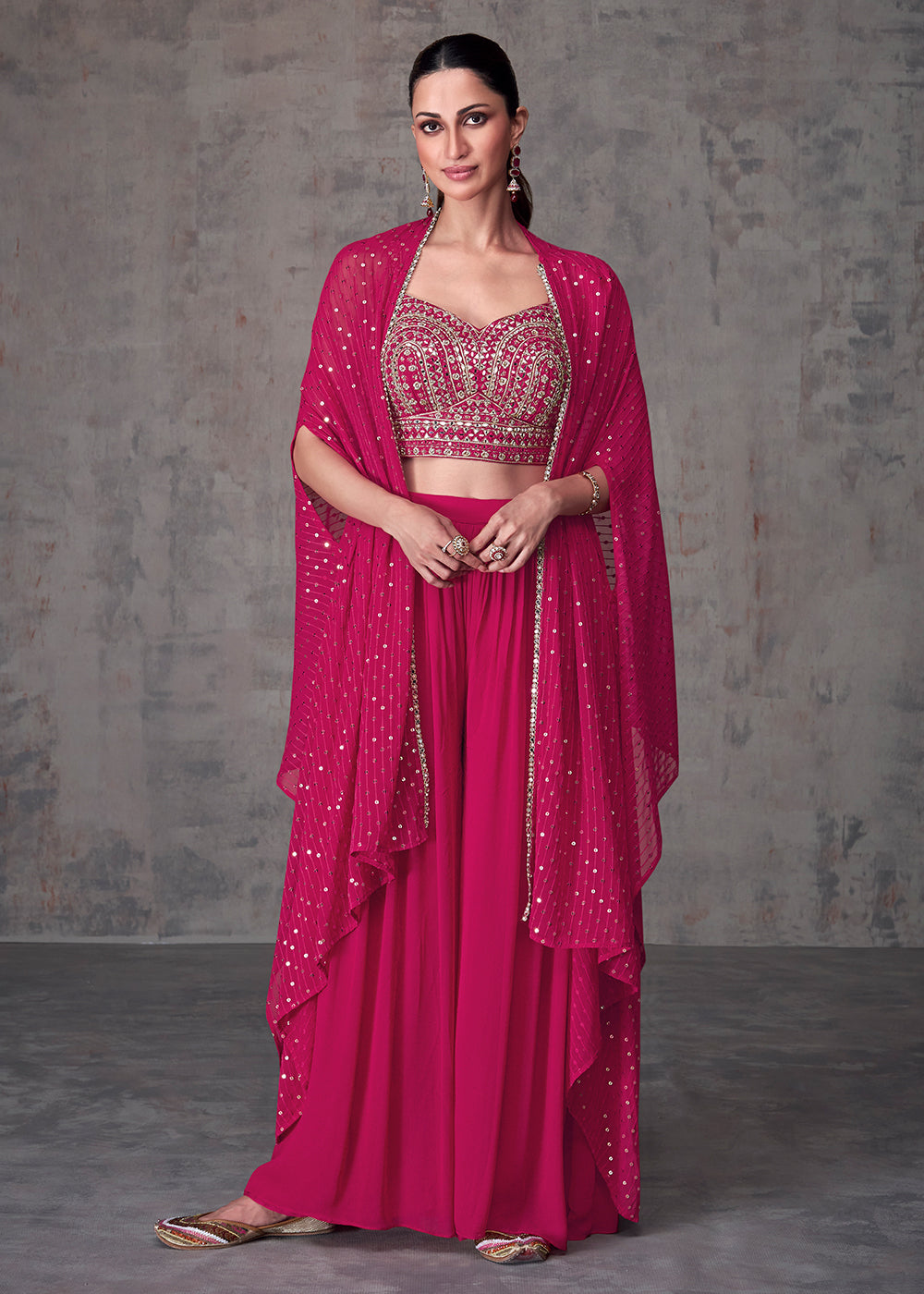Buy Now Magenta Pink Indo Western Style Party Wear Palazzo Suit Online in USA, UK, Canada, Germany, Australia & Worldwide at Empress Clothing. 