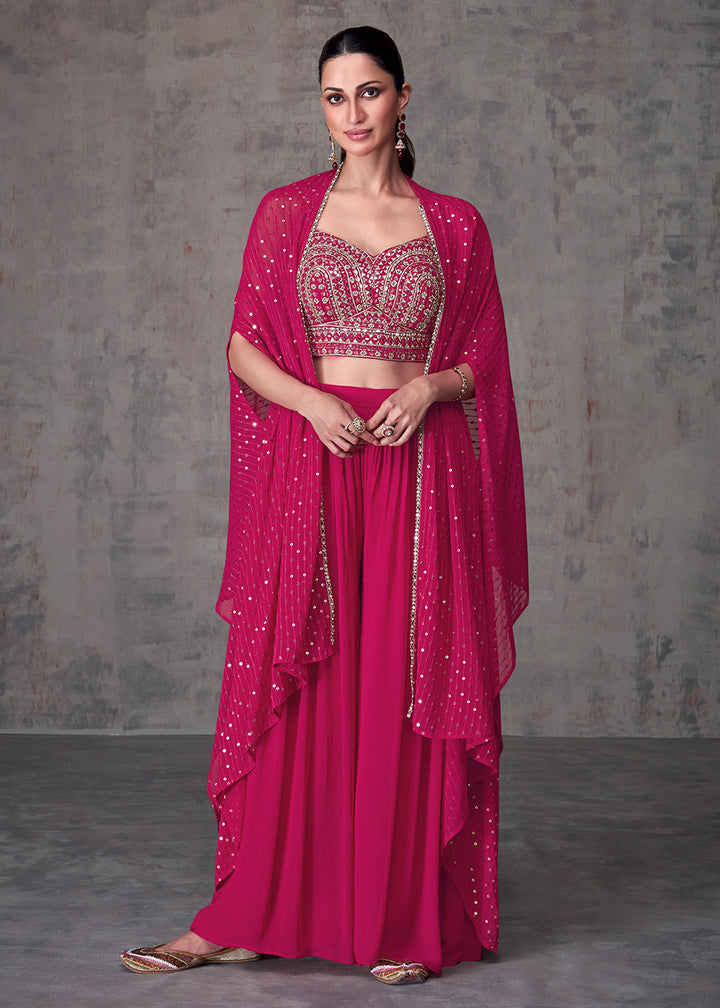 Buy Now Magenta Pink Indo Western Style Party Wear Palazzo Suit Online in USA, UK, Canada, Germany, Australia & Worldwide at Empress Clothing. 