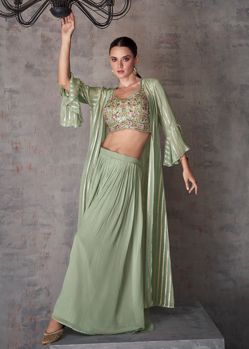 Buy Now Sage Green Indo Western Style Party Wear Palazzo Suit Online in USA, UK, Canada, Germany, Australia & Worldwide at Empress Clothing.