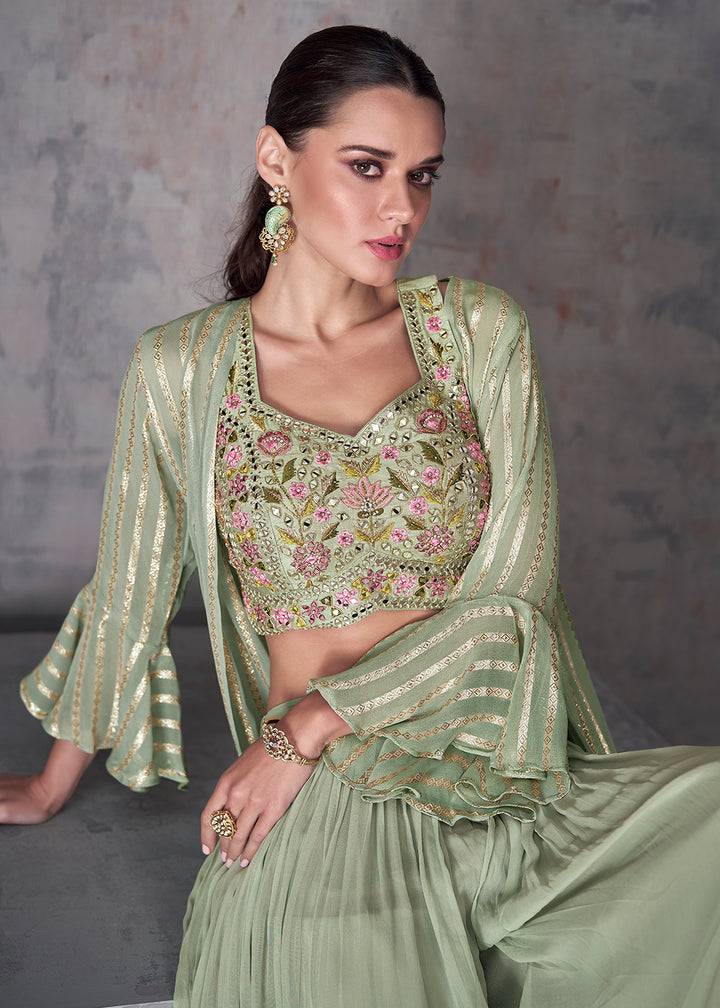 Buy Now Sage Green Indo Western Style Party Wear Palazzo Suit Online in USA, UK, Canada, Germany, Australia & Worldwide at Empress Clothing.