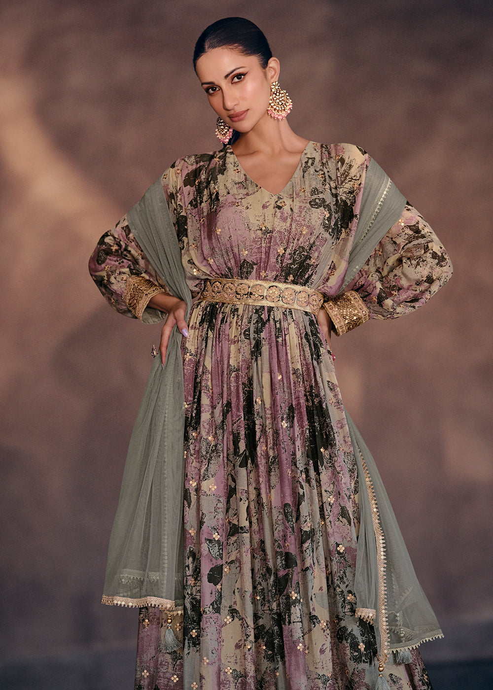 Buy Now Lavender Multicolor Digital Printed Designer Anarkali Gown Online in USA, UK, Australia, New Zealand, Canada & Worldwide at Empress Clothing.