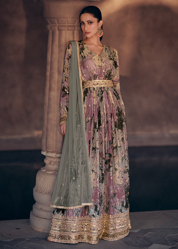 Buy Now Lavender Multicolor Digital Printed Designer Anarkali Gown Online in USA, UK, Australia, New Zealand, Canada & Worldwide at Empress Clothing.