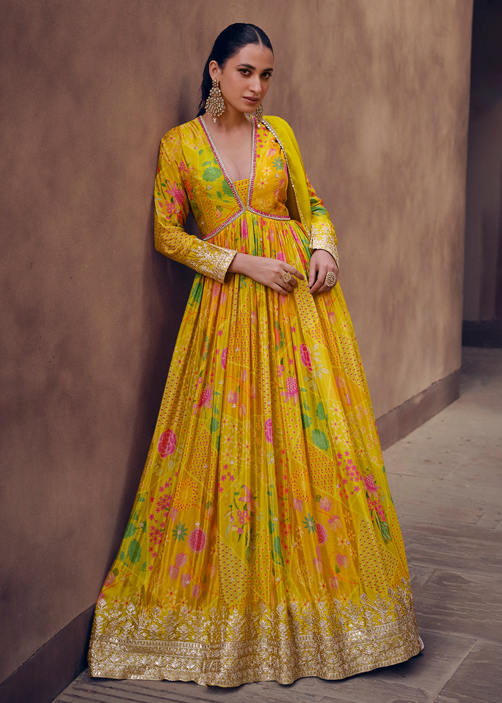 Buy Now Mustard Yellow Digital Printed Designer Anarkali Gown Online in USA, UK, Australia, New Zealand, Canada & Worldwide at Empress Clothing.