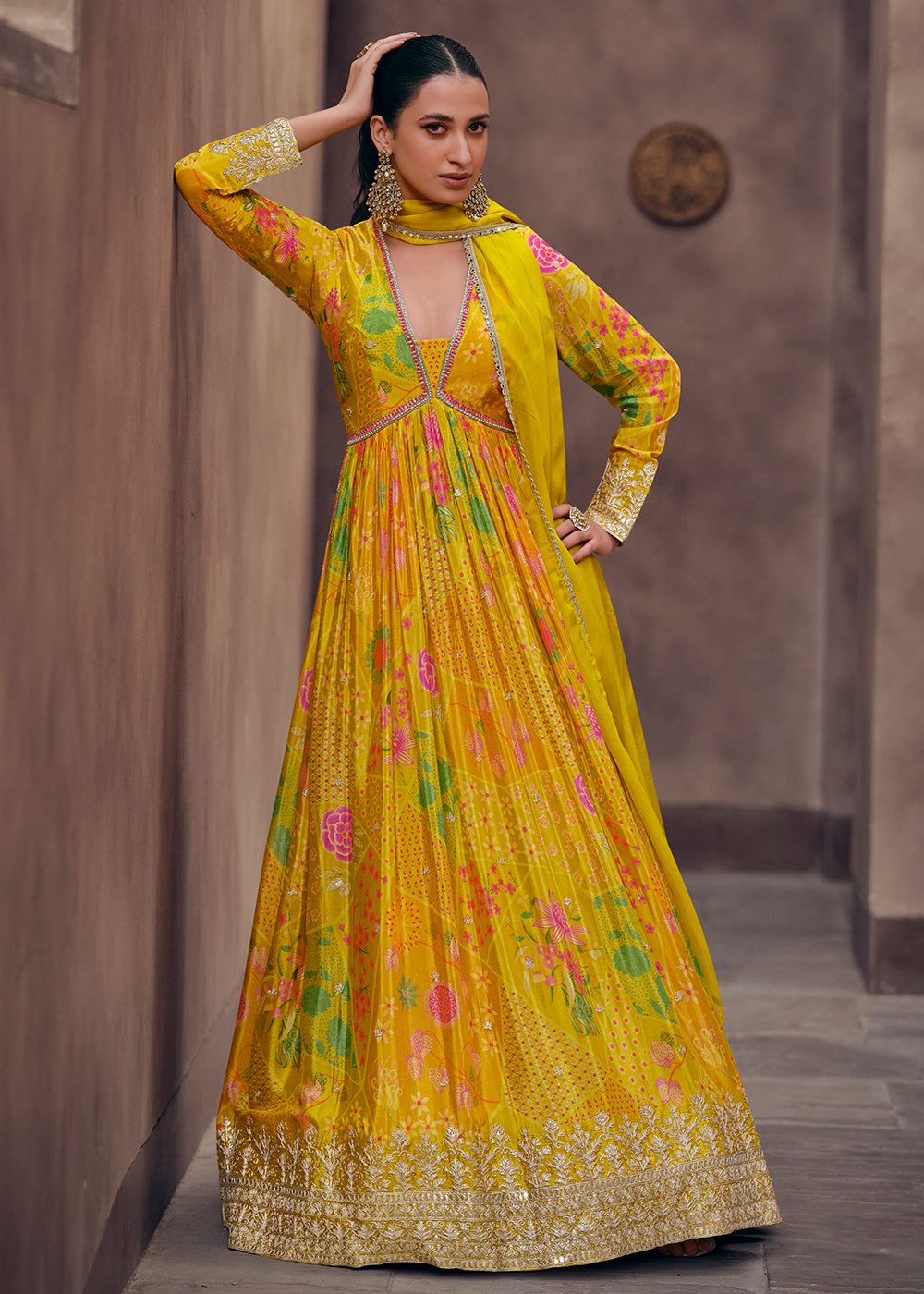 Buy Now Mustard Yellow Digital Printed Designer Anarkali Gown Online in USA, UK, Australia, New Zealand, Canada & Worldwide at Empress Clothing.