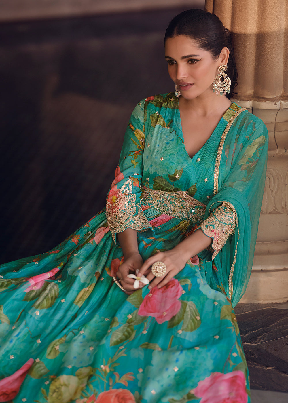 Buy Now Aqua Green Digital Printed Designer Anarkali Gown Online in USA, UK, Australia, New Zealand, Canada & Worldwide at Empress Clothing. 