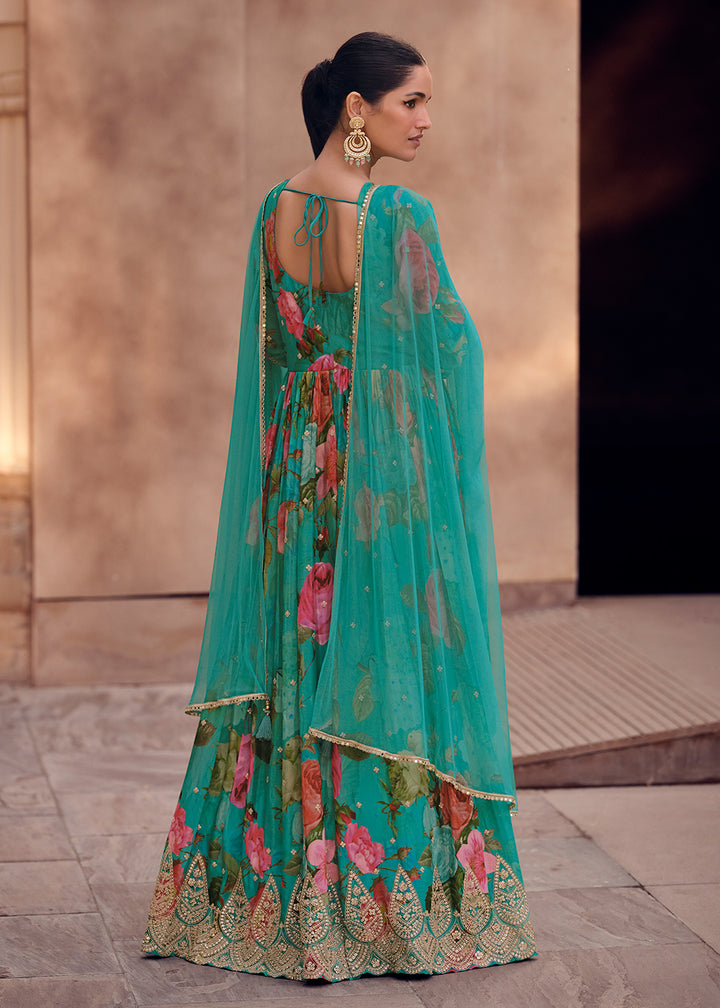 Buy Now Aqua Green Digital Printed Designer Anarkali Gown Online in USA, UK, Australia, New Zealand, Canada & Worldwide at Empress Clothing. 