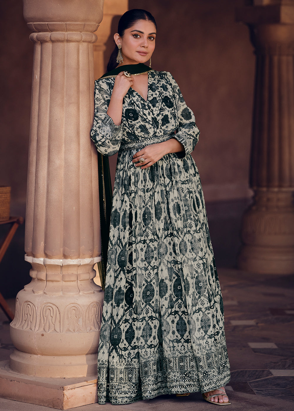 Buy Now Cream Black Digital Printed Designer Anarkali Gown Online in USA, UK, Australia, New Zealand, Canada & Worldwide at Empress Clothing. 