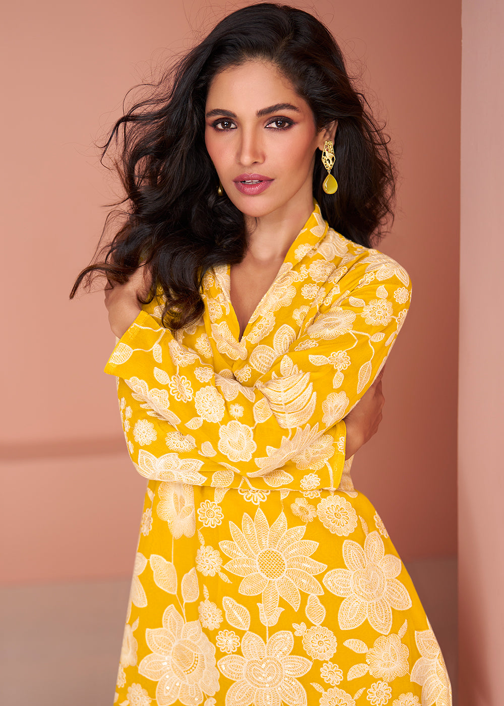 Buy Now  Yellow Georgette Party Wear Co-Ords Indo-Western Suit Online in USA, UK, Canada, Germany, Australia & Worldwide at Empress Clothing. 