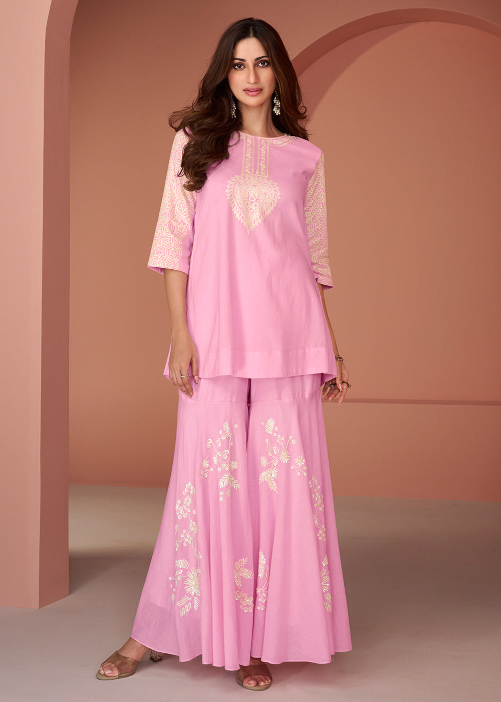 Buy Now Pink Cotton Silk Party Wear Co-Ords Indo-Western Suit Online in USA, UK, Canada, Germany, Australia & Worldwide at Empress Clothing.