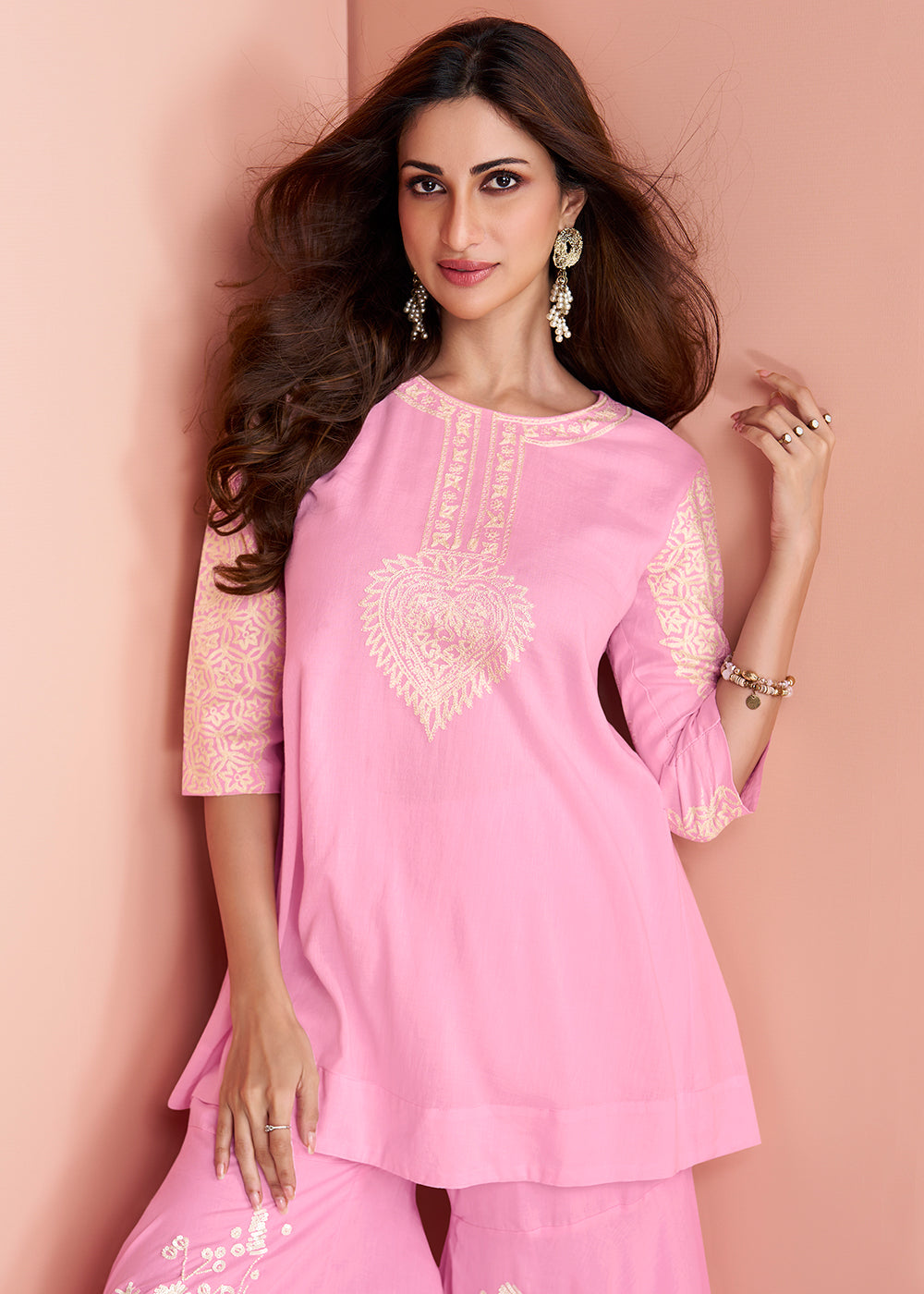 Buy Now Pink Cotton Silk Party Wear Co-Ords Indo-Western Suit Online in USA, UK, Canada, Germany, Australia & Worldwide at Empress Clothing.