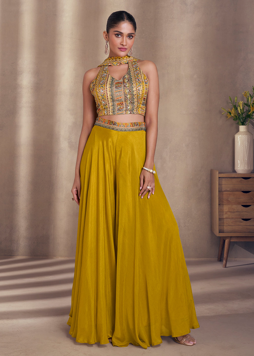 Buy Now Mustard Real Chinnon Indo Western Palazzo Suit Online in USA, UK, Canada, Germany, Australia & Worldwide at Empress Clothing. 