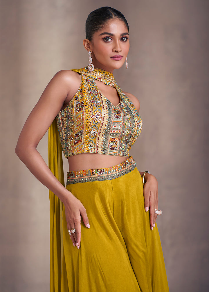 Buy Now Mustard Real Chinnon Indo Western Palazzo Suit Online in USA, UK, Canada, Germany, Australia & Worldwide at Empress Clothing. 