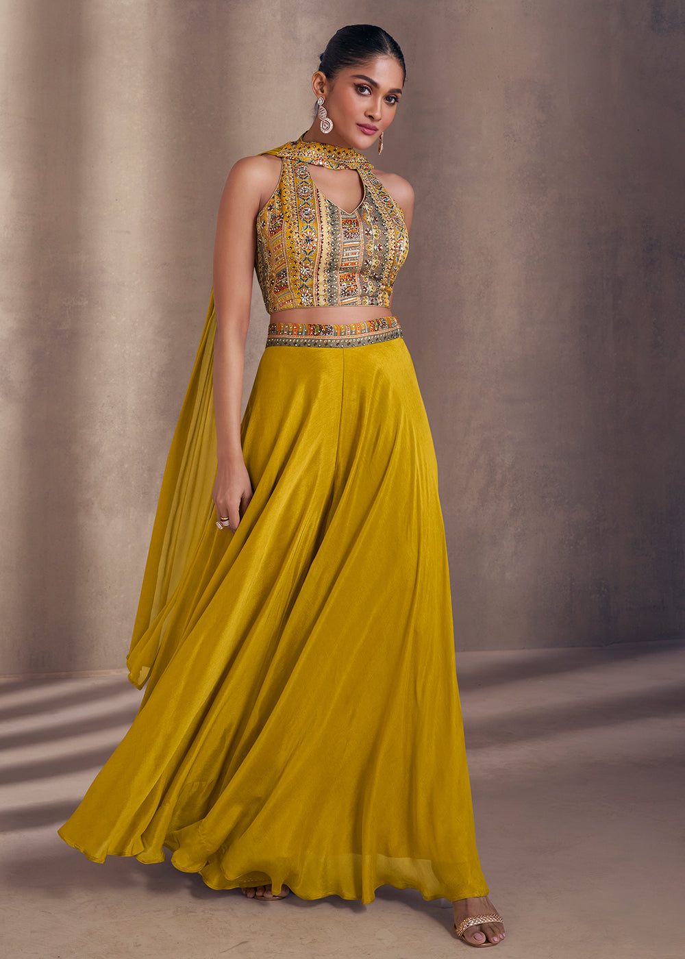 Buy Now Mustard Real Chinnon Indo Western Palazzo Suit Online in USA, UK, Canada, Germany, Australia & Worldwide at Empress Clothing. 