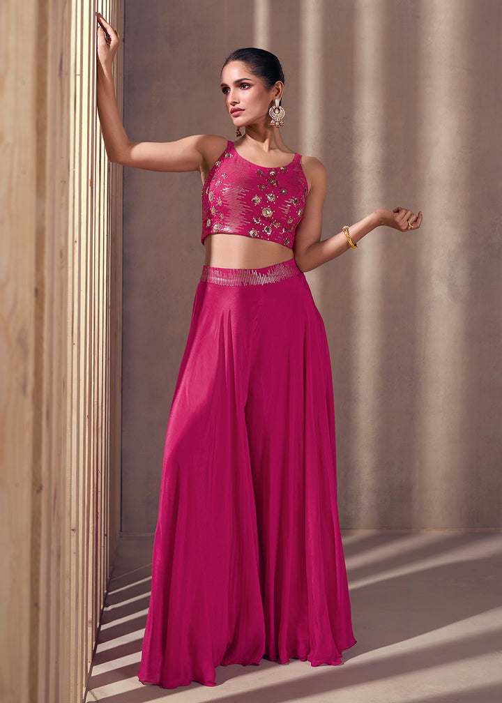 Buy Now Rani Pink Real Chinnon Indo Western Palazzo Suit Online in USA, UK, Canada, Germany, Australia & Worldwide at Empress Clothing. 