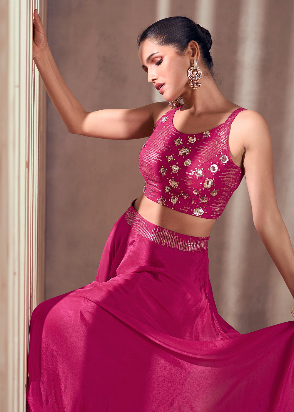 Buy Now Rani Pink Real Chinnon Indo Western Palazzo Suit Online in USA, UK, Canada, Germany, Australia & Worldwide at Empress Clothing. 