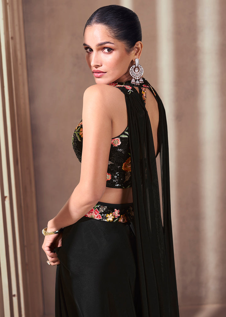 Buy Now Black Real Chinnon Indo Western Palazzo Suit Online in USA, UK, Canada, Germany, Australia & Worldwide at Empress Clothing. 