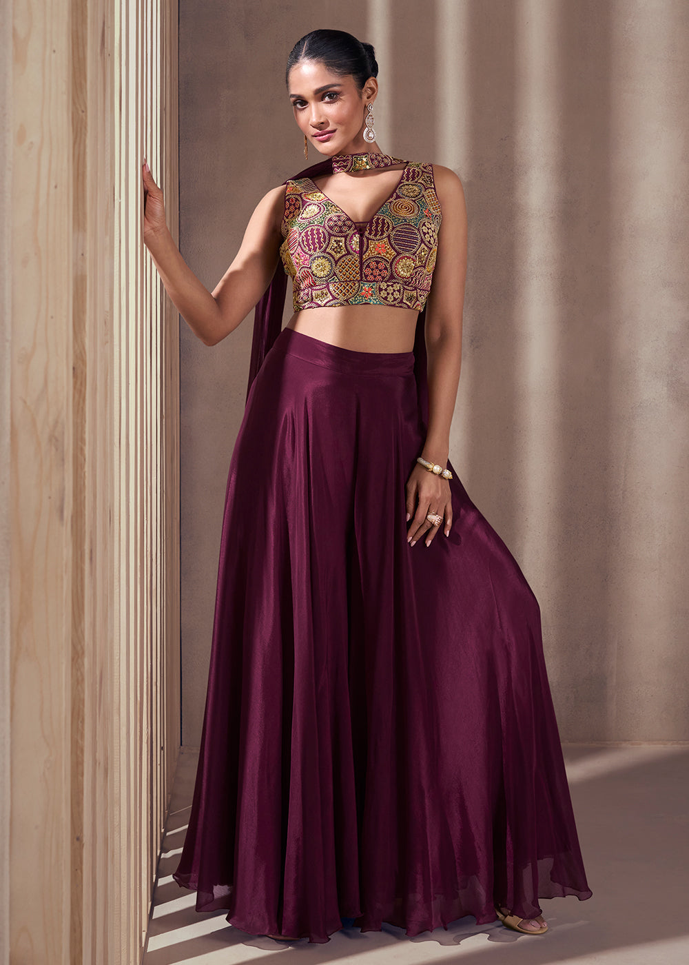 Buy Now Purple Real Chinnon Indo Western Palazzo Suit Online in USA, UK, Canada, Germany, Australia & Worldwide at Empress Clothing.