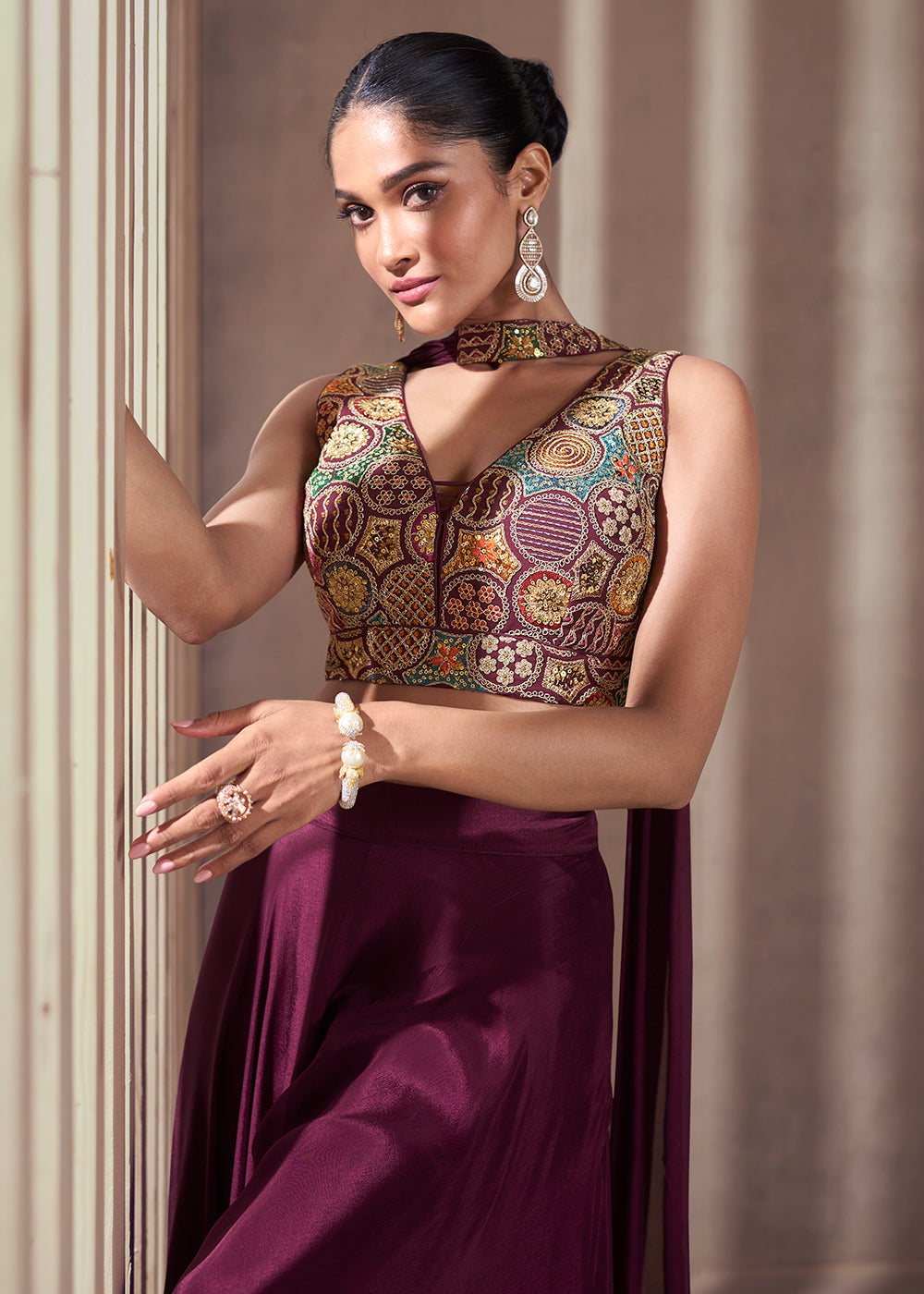 Buy Now Purple Real Chinnon Indo Western Palazzo Suit Online in USA, UK, Canada, Germany, Australia & Worldwide at Empress Clothing.