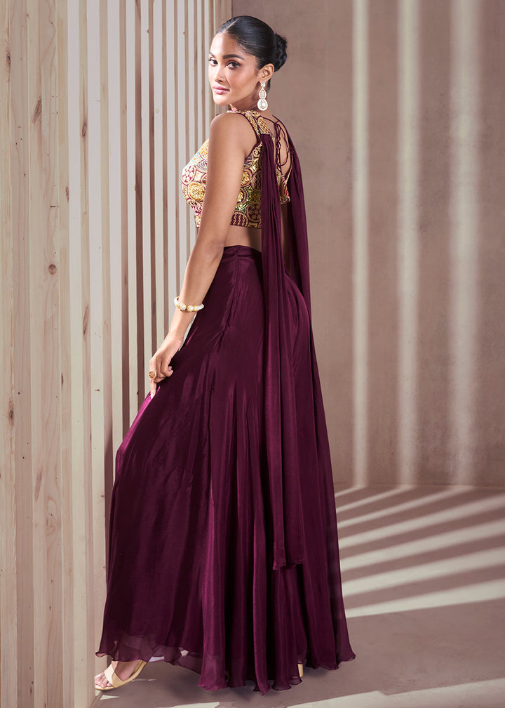 Buy Now Purple Real Chinnon Indo Western Palazzo Suit Online in USA, UK, Canada, Germany, Australia & Worldwide at Empress Clothing.