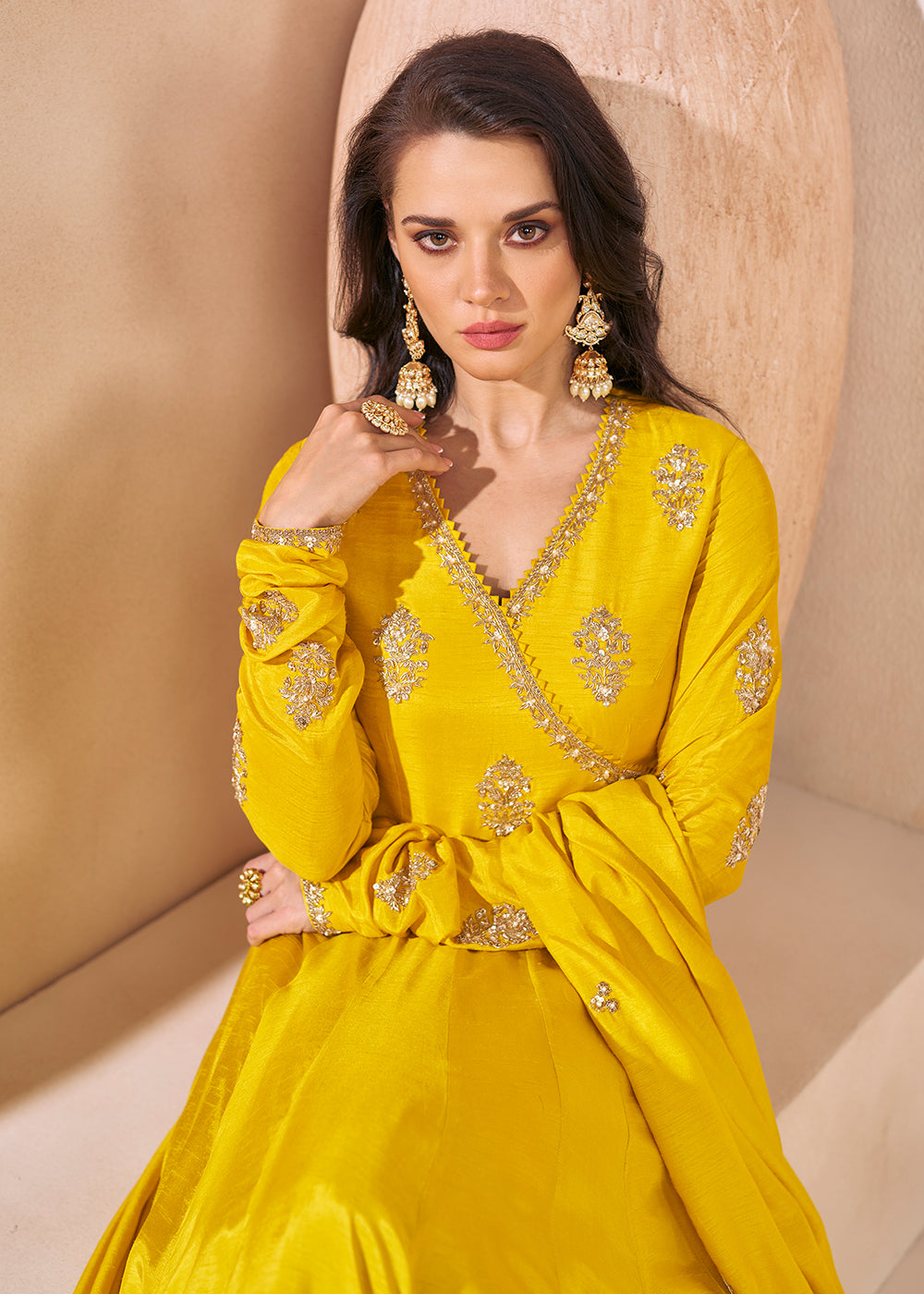 Buy Now Trendy Mustard Yellow Silk Embroidered Anarkali Gown Online in USA, UK, Australia, New Zealand, Canada & Worldwide at Empress Clothing. 