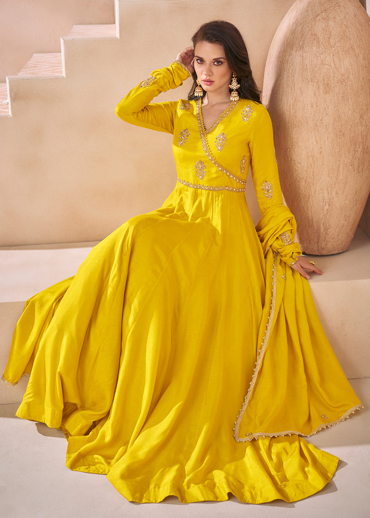Buy Now Trendy Mustard Yellow Silk Embroidered Anarkali Gown Online in USA, UK, Australia, New Zealand, Canada & Worldwide at Empress Clothing. 