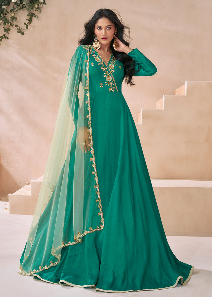 Buy Now Trendy Rama Green Silk Embroidered Anarkali Gown Online in USA, UK, Australia, New Zealand, Canada & Worldwide at Empress Clothing