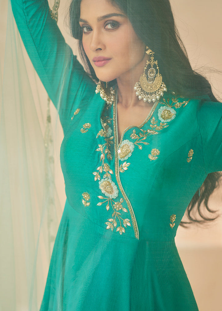Buy Now Trendy Rama Green Silk Embroidered Anarkali Gown Online in USA, UK, Australia, New Zealand, Canada & Worldwide at Empress Clothing