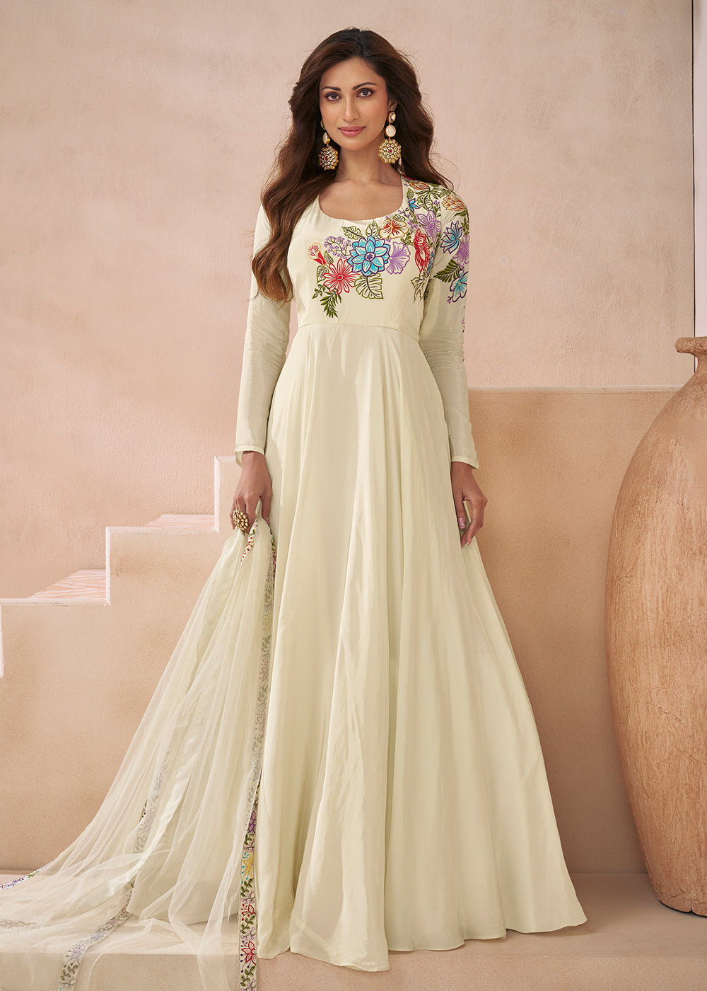 Buy Now Trendy Off White Silk Embroidered Anarkali Gown Online in USA, UK, Australia, New Zealand, Canada & Worldwide at Empress Clothing.
