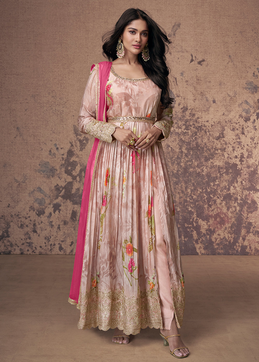 Buy Now Digital Printed & Mirror Embroidered Anarkali Gown in Pink Online in USA, UK, Australia, New Zealand, Canada & Worldwide at Empress Clothing.