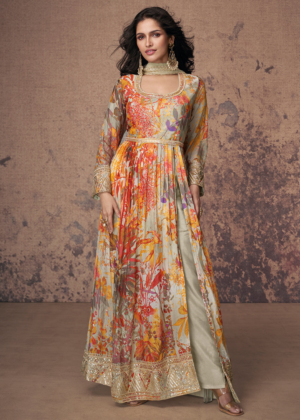 Buy Now Digital Printed & Mirror Embroidered Anarkali Gown in Green Online in USA, UK, Australia, New Zealand, Canada & Worldwide at Empress Clothing.