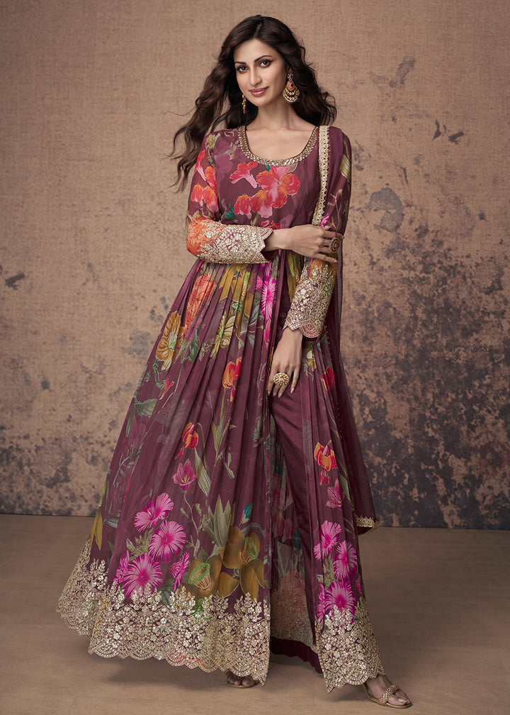 Buy Now Digital Printed & Mirror Embroidered Anarkali Gown in Wine Online in USA, UK, Australia, New Zealand, Canada & Worldwide at Empress Clothing. 