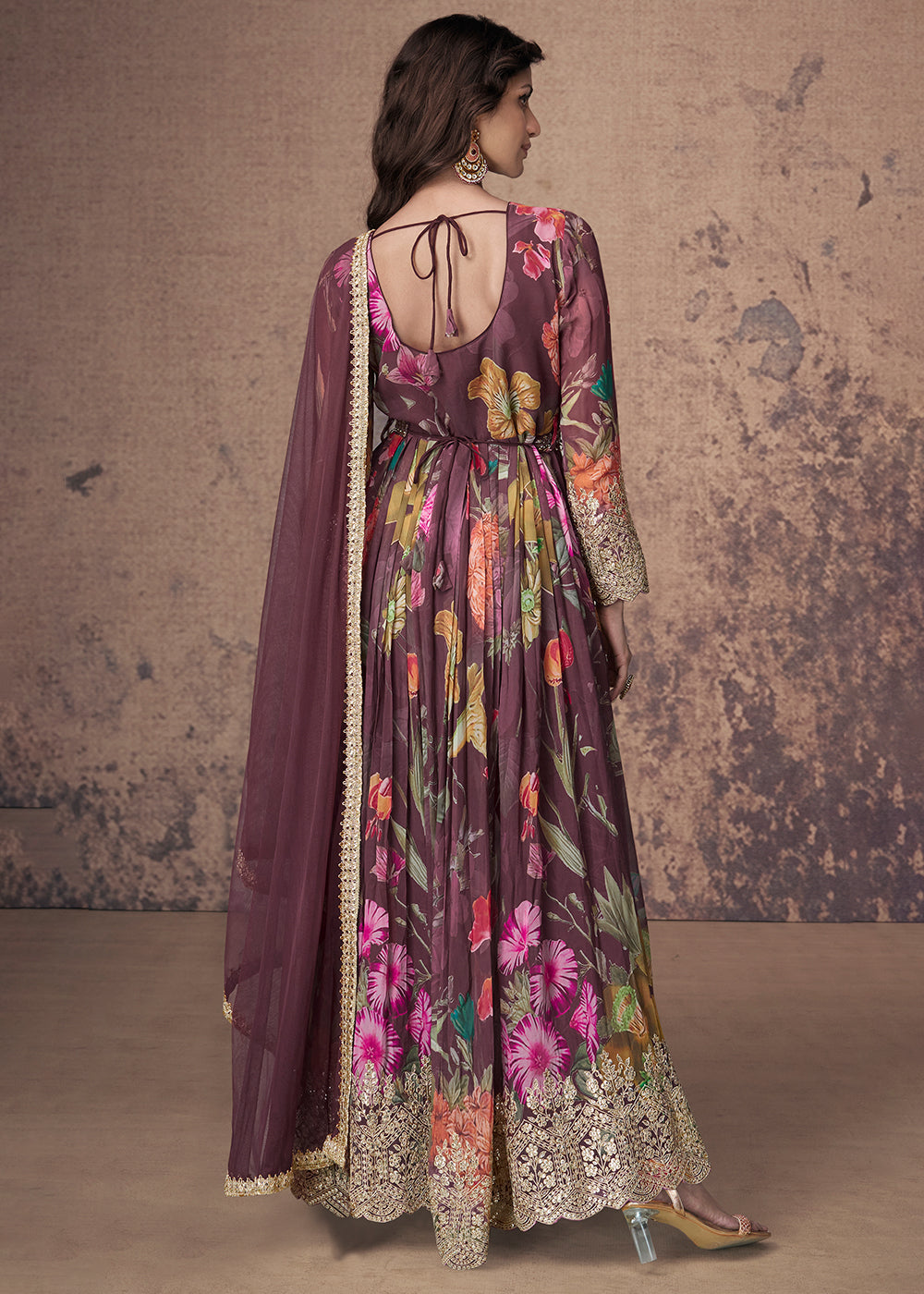 Buy Now Digital Printed & Mirror Embroidered Anarkali Gown in Wine Online in USA, UK, Australia, New Zealand, Canada & Worldwide at Empress Clothing. 