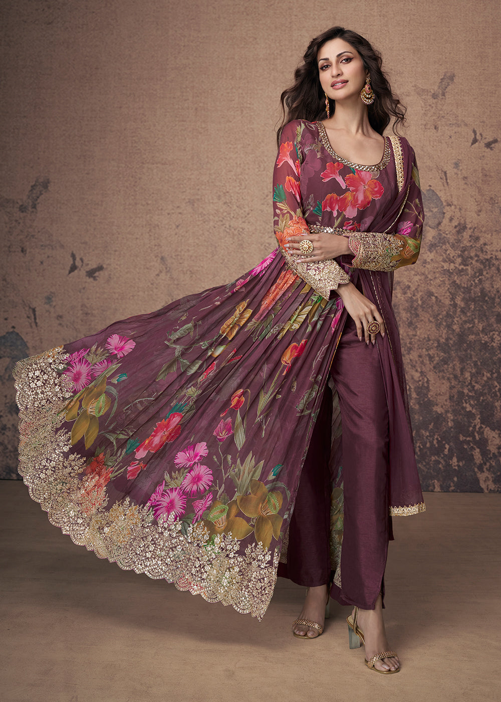 Buy Now Digital Printed & Mirror Embroidered Anarkali Gown in Wine Online in USA, UK, Australia, New Zealand, Canada & Worldwide at Empress Clothing. 