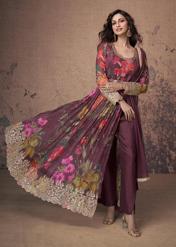 Buy Now Digital Printed & Mirror Embroidered Anarkali Gown in Wine Online in USA, UK, Australia, New Zealand, Canada & Worldwide at Empress Clothing. 