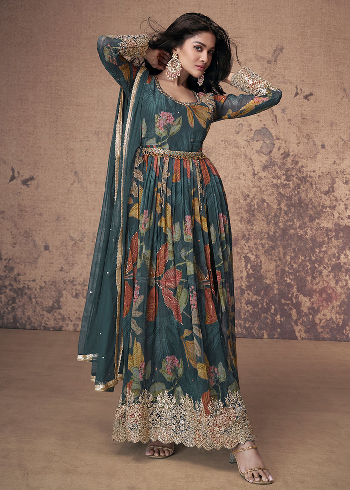 Buy Now Digital Printed & Mirror Embroidered Anarkali Gown in Teal Online in USA, UK, Australia, New Zealand, Canada & Worldwide at Empress Clothing.