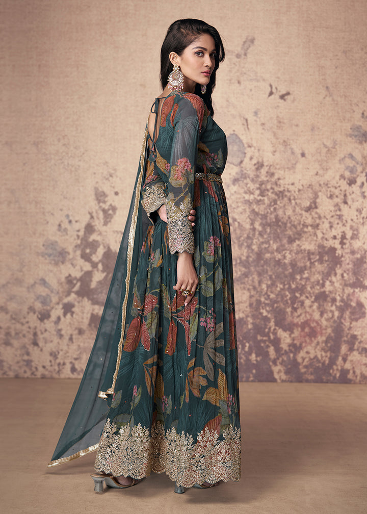 Buy Now Digital Printed & Mirror Embroidered Anarkali Gown in Teal Online in USA, UK, Australia, New Zealand, Canada & Worldwide at Empress Clothing.