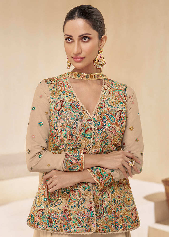 Shop Now Beige Designer Embroidered Party Wear Sharara Suit Online at Empress Clothing in USA, UK, Canada, Italy & Worldwide. 