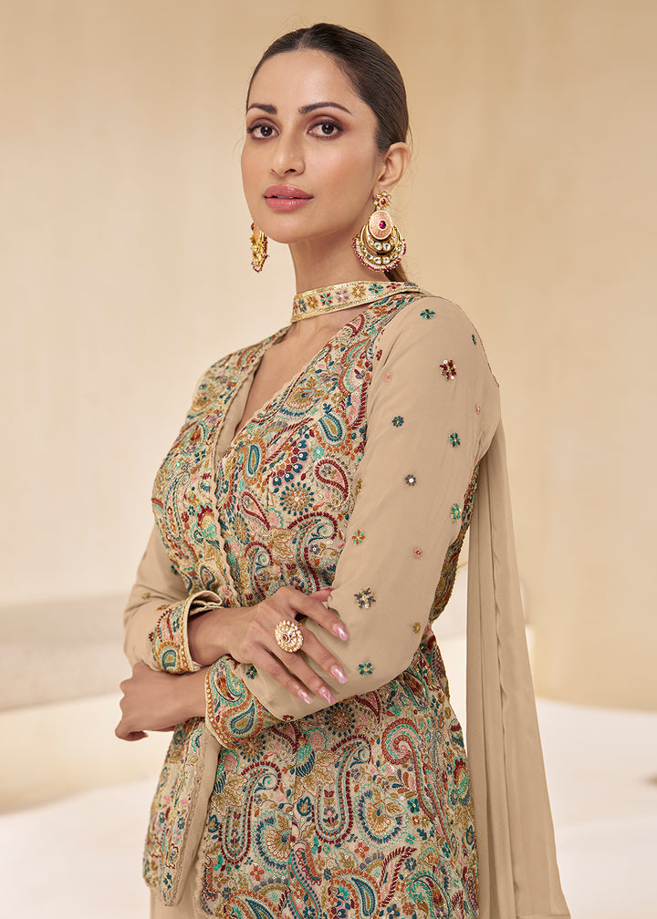 Shop Now Beige Designer Embroidered Party Wear Sharara Suit Online at Empress Clothing in USA, UK, Canada, Italy & Worldwide. 