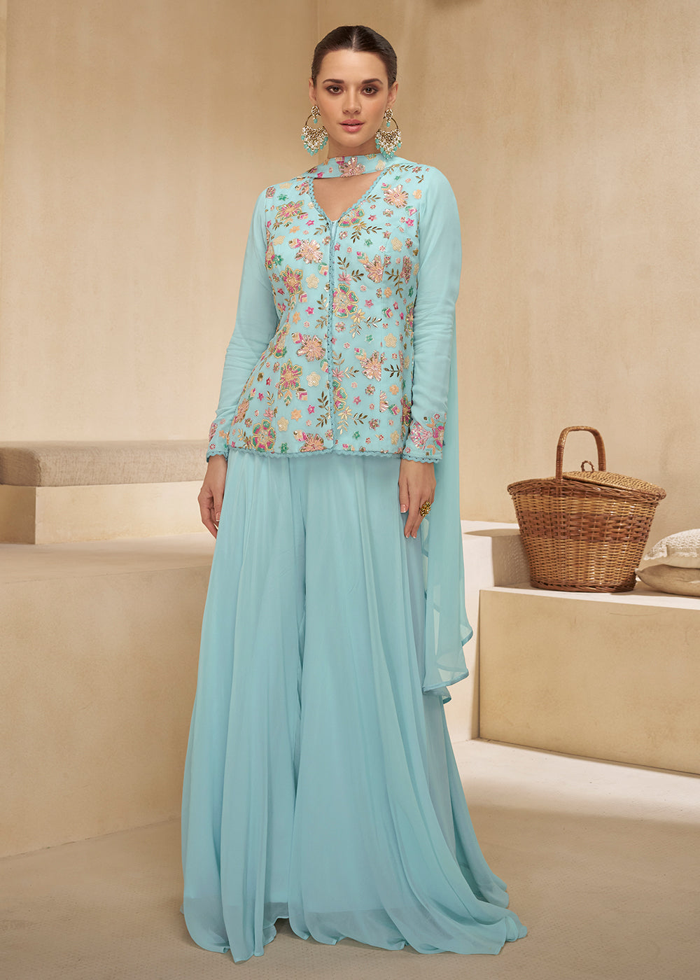 Shop Now Sky Blue Designer Embroidered Party Wear Sharara Suit Online at Empress Clothing in USA, UK, Canada, Italy & Worldwide.