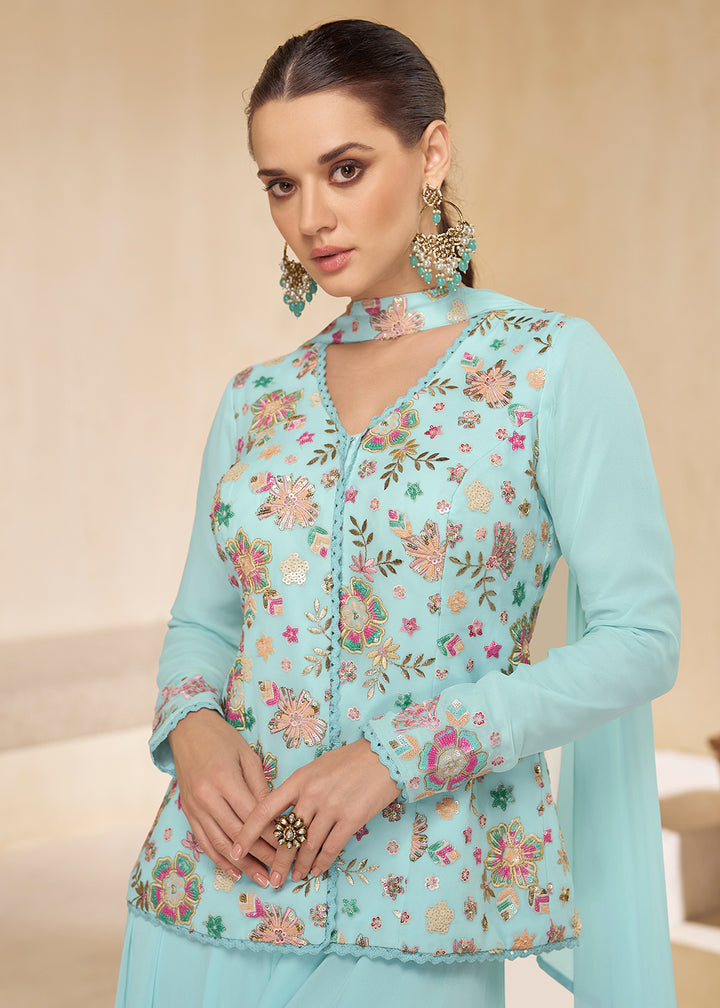 Shop Now Sky Blue Designer Embroidered Party Wear Sharara Suit Online at Empress Clothing in USA, UK, Canada, Italy & Worldwide.