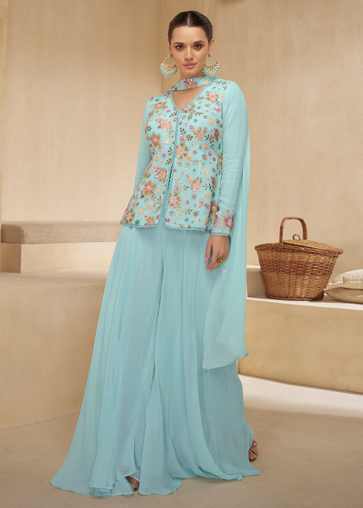 Shop Now Sky Blue Designer Embroidered Party Wear Sharara Suit Online at Empress Clothing in USA, UK, Canada, Italy & Worldwide.