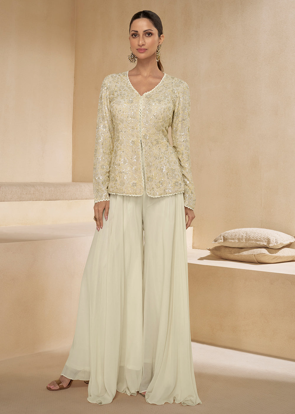 Shop Now Off White Designer Embroidered Party Wear Sharara Suit Online at Empress Clothing in USA, UK, Canada, Italy & Worldwide. 