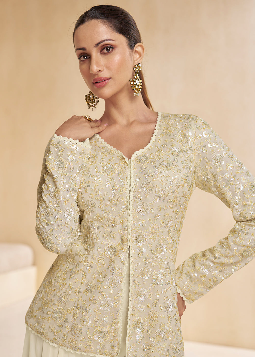 Shop Now Off White Designer Embroidered Party Wear Sharara Suit Online at Empress Clothing in USA, UK, Canada, Italy & Worldwide. 