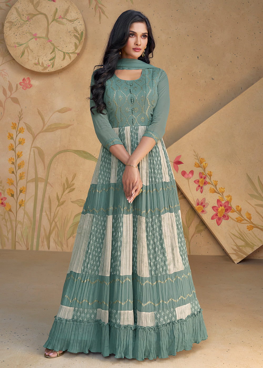 Buy Now Mint Teal Sequins & Thread Wedding Festive Anarkali Dress Online in USA, UK, Australia, New Zealand, Canada & Worldwide at Empress Clothing.