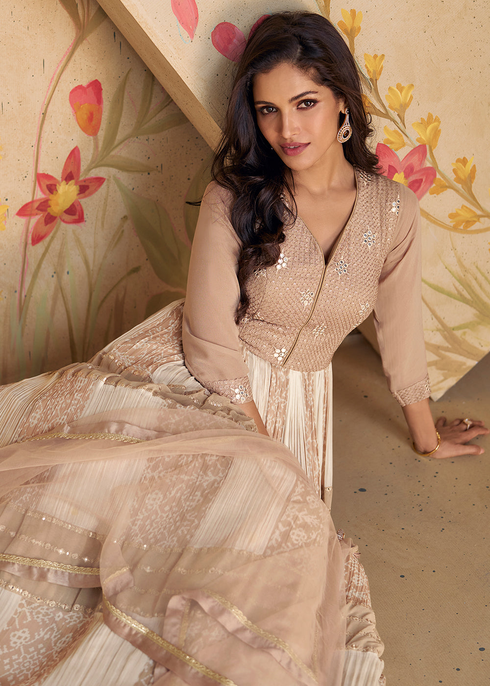 Buy Now Beige Sequins & Thread Wedding Festive Anarkali Dress Online in USA, UK, Australia, New Zealand, Canada & Worldwide at Empress Clothing.
