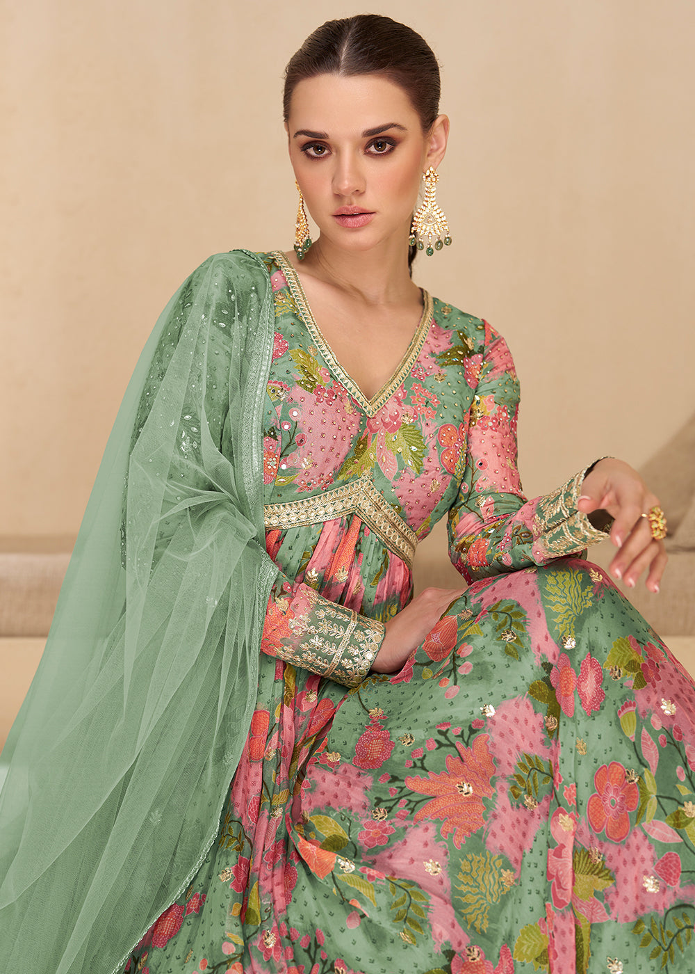 Buy Now Sequins Work Embroidered Green Wedding Anarkali Gown Online in USA, UK, Australia, Canada & Worldwide at Empress Clothing