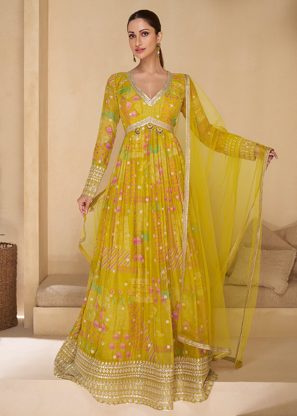Buy Now Sequins Work Embroidered Yellow Wedding Anarkali Gown Online in USA, UK, Australia, Canada & Worldwide at Empress Clothing.