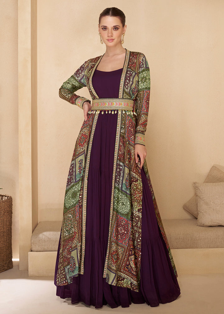 Buy Now Purple Embroidered Georgette Shrug Style Anarkali Suit Online in USA, UK, Australia, New Zealand, Canada & Worldwide at Empress Clothing. 