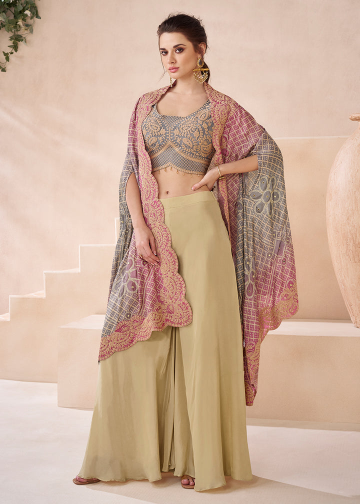 Buy Now Real Georgette Beige & Grey Indo Western Palazzo Suit Online in USA, UK, Canada, Germany, Australia & Worldwide at Empress Clothing.
